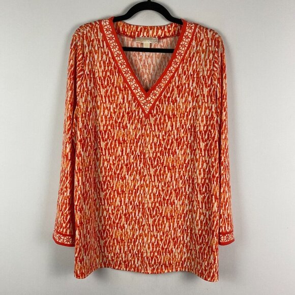 Michael Kors Blouse Size 2X Orange Patterned V Neck Stretch Long Sleeve - Picture 1 of 11